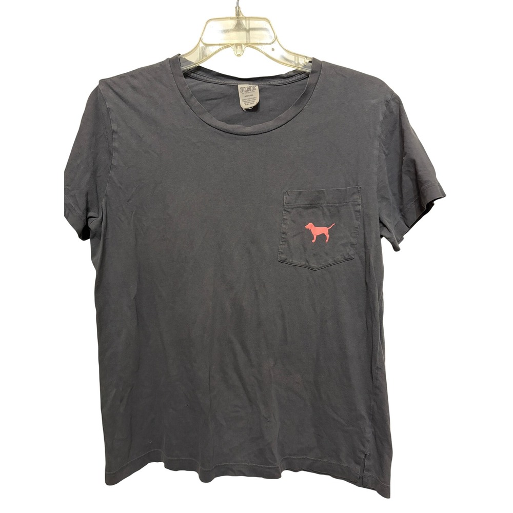 Victoria's Secret PINK Dog Logo Pocket T-Shirt Gray Pink Short Sleeve Medium